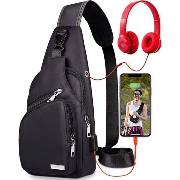 ADJUSTABLE SLING BAG SHOULDER BAG WITH USB CHARGING & HEADPHONE HOLE - Picture 3 of 9